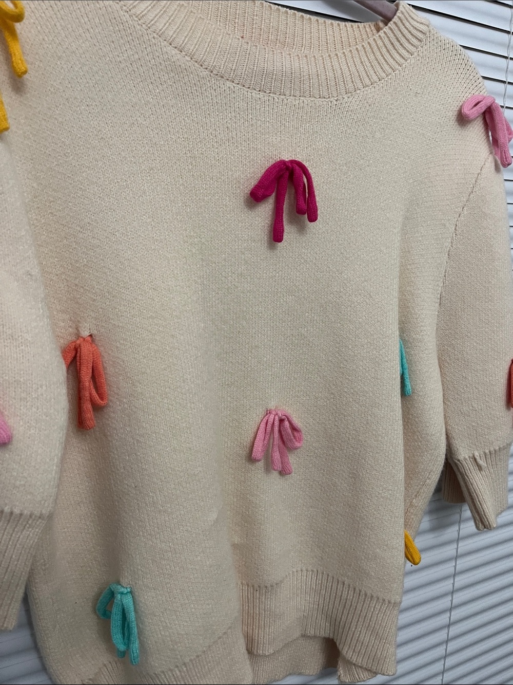 THML Cream Knit Crewneck Sweater with Colorful Bow Accents - Picture 2 of 4